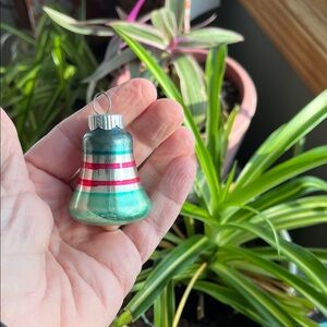 SHINY BRITE Mini 2” Striped Bell Christmas Ornament USA Green Red Silver MCM